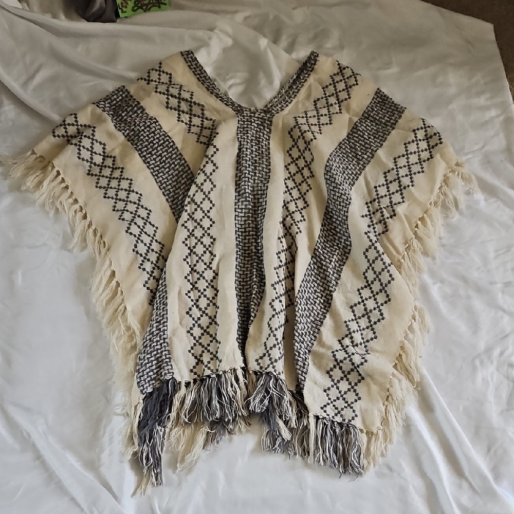 Bohemian Fringe Poncho with Geometric Patterns